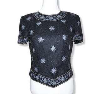 Cote D Azur Bead Embellished Cropped Silk Blouse Size Medium